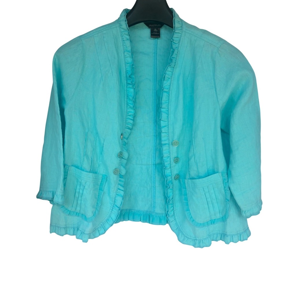 Open Coastal Grandma Open Front Linen Jacket PLg Turquoise Cottagecore BohoChic - Picture 3 of 11